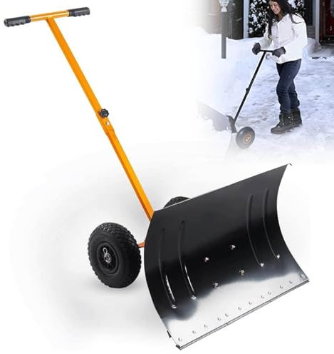 Rollender Schneeschieber mit 25-cm-Rädern, Schneeschaufel mit verstellbarem Griff, 73,7 x 48,3 cm, Gleitstange, 5-Fach höhenverstellbar, handschiebendes Schneeräumgerät für Gehwege
