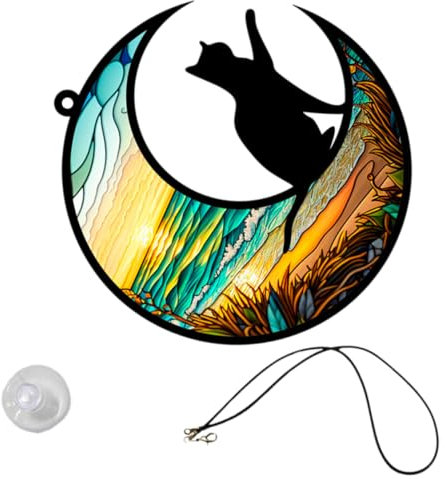 Toddmomy Moon Cat Pendant - Colorful Acrylic Window Hanging Decor Unique Cat Moon Ornament for Garden and Office Decoration