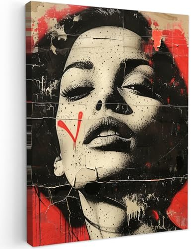 MuchoWow© Leinwandbilder Wall Art Decoration Bilder für die Wand | 60x80 cm - Schlafzimmer Deko Canvas Painting Wanddekoration Wohnzimmer Graffiti - Frau - Rot - Street - Banksy