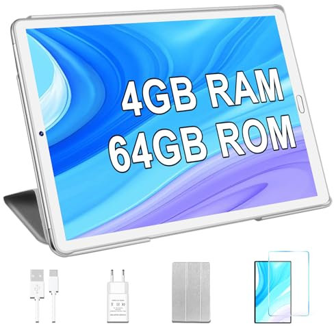 YESTEL Tablet 10 Pulgadas con Funda, Android Tablet con 4GB RAM 64GB ROM(1TB Ampliable) Wi-Fi, Bluetooth, 8000mAh, Dual Cámara 5MP + 8MP, HD IPS, Plata