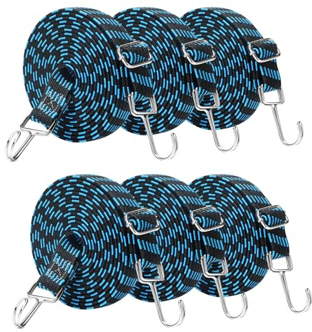 aleawol 6Pack 3M Adjustable Bungee Cords with Hooks, Flat Elasticity Rope | Long Flat Bungee Cords Stretchy, Heavy Duty Bungee Straps Rubber Elastic Straps for Bicycles Camping Rent Luggage Fixing