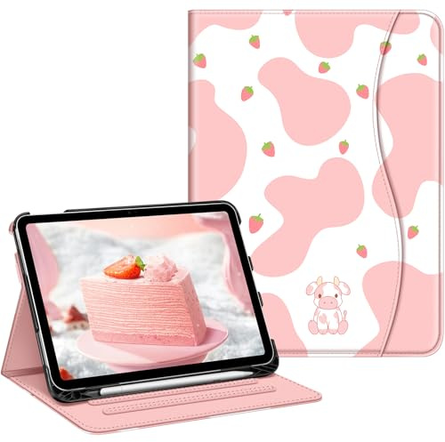 Fintie Hülle für iPad A16 11./ 10. Generation (11/10.9 Zoll, 2025/2022 | Multi-Winkel Folio Schutzhülle mit Stifthalter, Dokumentenfach und Auto Schlaf/Wach Funktion, Strawberry Cow