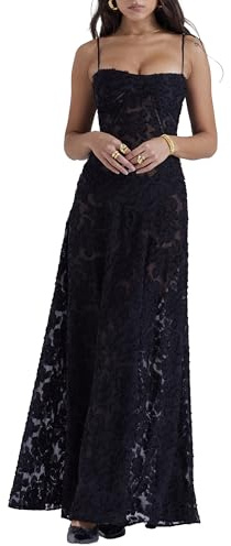 OULIWANGLUO Damen Bindegürtel Spitze Lange Abendkleid Wrap Chest Hochzeit Cocktailkleid Sexy Elegant Partykleid MaxiKleid (Schwarz,XL)