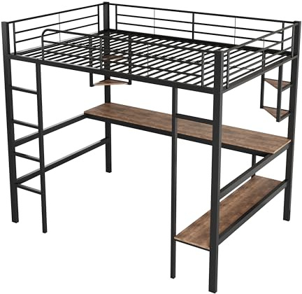 Azkoeesy Metall-Hochbett Einzelbett mit Schreibtisch, 90x200 cm, Jugendbett, Etagenbett, mit Lattenrost und Gitter, Fallschutz und Regale, für Teenager und Erwachsene, Schwarz
