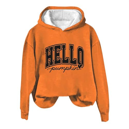Halloween-Sweatshirt für Damen – Damen-Kapuzenpullover, lange Ärmel, Hello-Kürbis-Buchstaben-Druck, lässiger Kapuzenpullover, lustig, personalisierbar, lockere Passform, weite Oberteile, bequeme