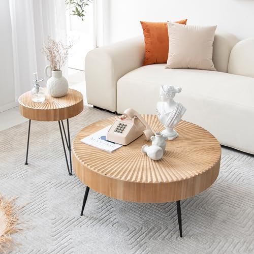 Zouron Table Basse en Bois Lot de 2 Bureau en Forme d'éventail Table d'appoint Table de Salon Ronde 77x77x36.5 cm avec 40x40x46.5 cm （Bois de pin + Base en métal）,Brun Clair