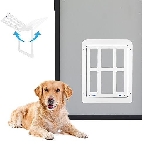 Billionchains Hundeklappe für Fliegengitter Automatischen Verschluss Hundeklappe für Große Hunde Abschließbar Geeignet für Mittlere bis Große Hunde, Weiß