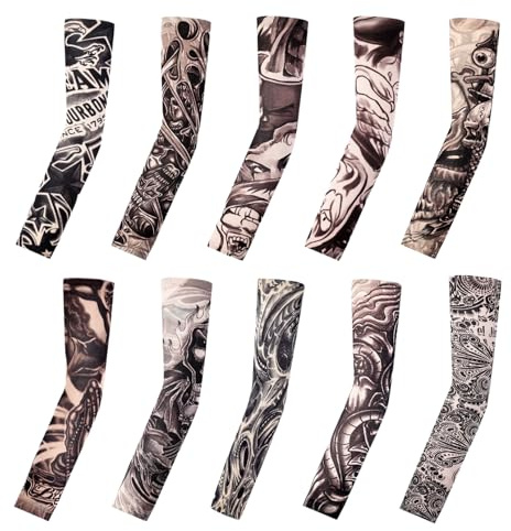 10 Pcs Fake Tattoos Sleeves for Men,Art Arm Fake Tattoo Sleeves Cover For Men/Women, Nylon Elastic Arm Temporary Tattoos Halloween Carnival Festivals Tattoo Hip Hop Accessories Sun Block Sleeves