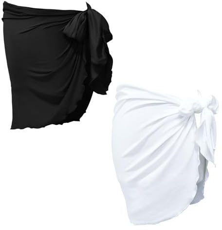 Anseom 2 Pièces Wrap de Plage de Femmes Sarong Couverture de Bikini Jupes Wrap pour Maillot de Bain Sarong Paréo Cache-Maillot en Mousseline pour Vacances Natation (Noir + Blanc)