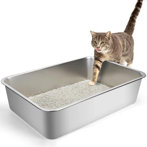Nobleza Arenero Gato Acero Inoxidable Grande, 60x40x15cm Cajas de Arena para Gatos de Borde Alto, Arenero Gato Que No Absorbe Olores, Antideslizante, Adecuado para Gatos Grandes y Gatitos Múltiples
