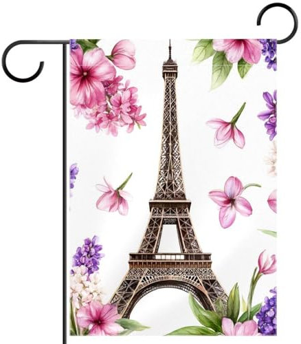 Drapeau de jardin en polyester 30 x 45 cm, drapeau de bienvenue pour l'été, la ferme, les vacances, les décorations extérieures, violet, lavande, rose, lilas, tour Eiffel