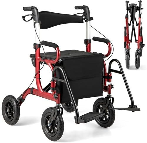 GYMAX 2 in 1 Rollator Walker for Seniors, Medical Walker with Seat, Folding Transport Wheelchair Rollator with Large Wheels, Reversible Backrest, Footrests, Aluminum Mobility Walking Aid (Red)