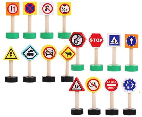 Panneau de signalisation routière en bois - 16 pièces - Kit de jeu de signalisation routière pour - Blocs d'arrêt éducatifs - Jeu interactif pour l'apprentissage précoce - Jouets de