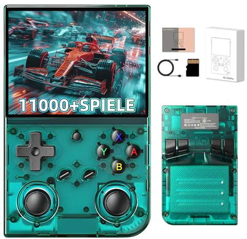 RG35XX Pro Retro Handheld Spielekonsole 64+128GB mit 11000+ Retro Spielen 17 Emulatoren, Linux System, 3,5-Zoll-IPS-Bildschirm, Unterstützt WLAN & Bluetooth, TV Ausgang (Transparentes Grün)
