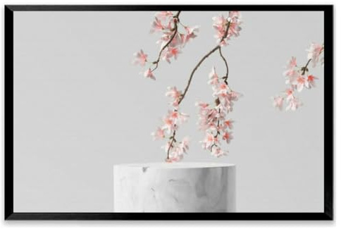 White marble podium Cosmetic display stand blossom flowers white Black Framed Canvas Wall Art for Living Room Bedroom Kitchen Bathroom Prints Pictures Wall Decor Posters Painting Artwork 12x16