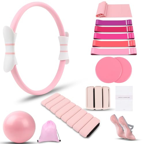16 PCS Pink Pilates Ring and Ball Set for Women with 15 Magic Circle, Home Pilates Equipment Kit with Adjustable 1LB Ankle Wrist Weight, Resistance Band, Gliding Discs, Pilates Essentials Accessories