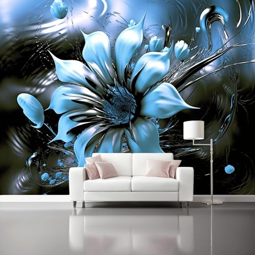 Non-Woven Wallpaper 200 x 140 cm Abstract Art Photo Wallpaper Mural Home Poster Decoration Blue Flowers Fluid Murals Wall Print for Living Room Kids Bedroom
