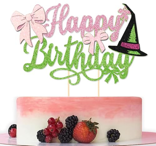Pink and Green Witch Happy Birthday Cake Topper – Glitter Bow Princess and Witch Cake Decoration for Halloween Fantasy Themed Birthday Party Supplies