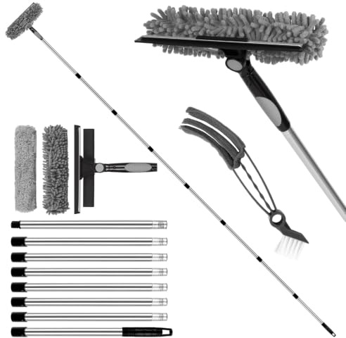 Wellehomi 10.5Ft(3.2m) Window Cleaning Equipment with Extension Pole, Grey | Window Squeegee Cleaner Kit with Venetian Blind Brush, 3Pcs Microfiber Scrubber Washing Kit for Home, Shower Glass, Car, RV