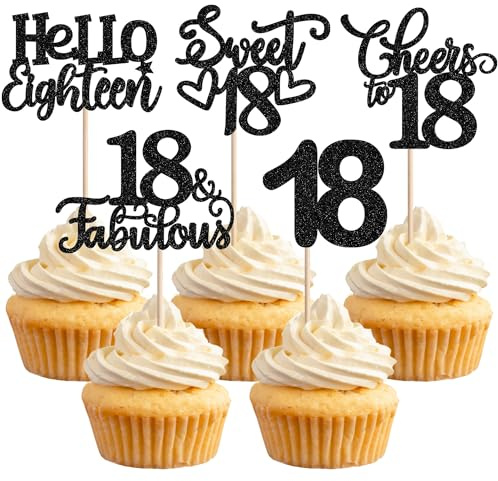 30 Stück 18th Geburtstag Tortendeko Glitzer Hello Eighteen Cheers to 18 Fabulous Cupcake Toppers Sweet 18 Kuchen Deko für 18th Geburtstag Jahrestag Party Kuchen Dekoration Schwarz