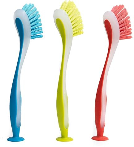 3Pcs Long Handled Dishwashing Tool With Secure Suction Cup Base Colorful Scrub Brushes For Pan Pots Scrubbing Needs Dish Scrubber With Suction Cup