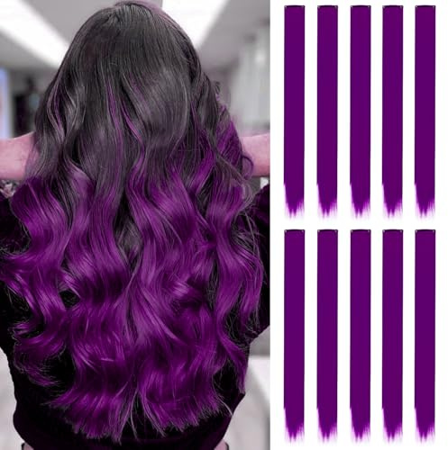 10 Lila Hårförlängningar, 22 Clip-In Extensions, Färgglada Raka Syntetiska Hårdelar för Flickor, Barn och Kvinnor, Dagligt Bruk eller Fest