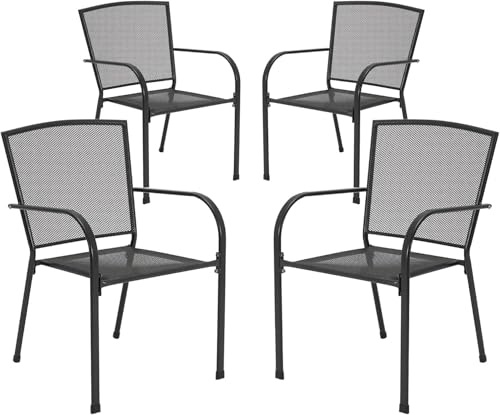 UNIONLINE 4er Set Gartenstühle für Garten, Wetterfest Terrassenstühle Metall Liegestühle Balkonstuhl Stapelstühle mit Armlehnen für den Außenbereich, Schwarz