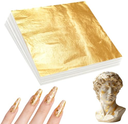 Wosyoodo 100 Hojas Pan de Oro de Imitación, Hojas de Pan de Oro para Manualidades, para Artesanía de Dorado, Proyectos de Artes, Decoración de Muebles, para Bricolaje, Pintura (14 * 14cm)