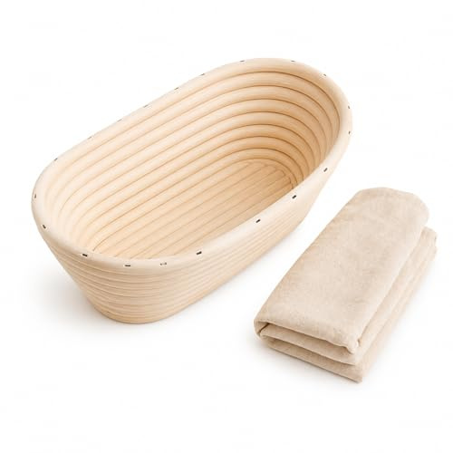 Gärkörbchen Oval,Gähr Körbchen,25 x 15 x 8cm–Natürliches Rattan, Handgemacht, Für 800g Teig, Gärkorb Zum Brotbacken & Fermentieren,Mit Leinentuch,Ovales Bread Proofing Basket,Brotbackkorb