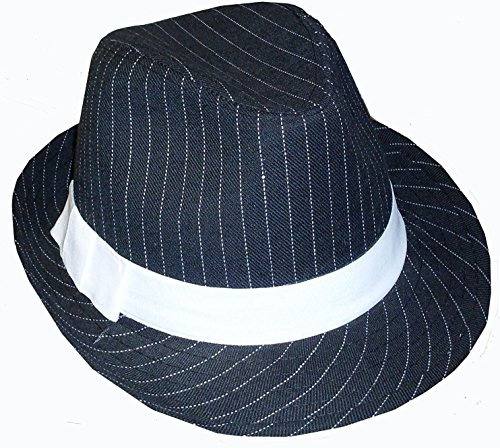 BLACK AND WHITE PINSTRIPED  GANGSTER FEDORA HAT - ADULT, ONE SIZE FITS MOST