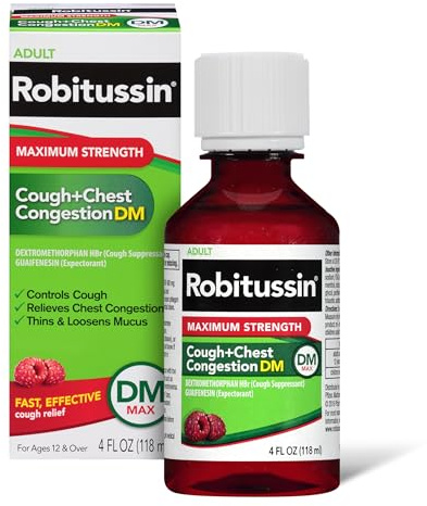 Robitussin Adult Maximum Strength Cough + Chest Congestion DM Max (4 fl. oz. Bottle), Cough Suppressant & Expectorant, Raspberry Flavor
