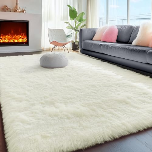 PAGISOFE White Fluffy Shag Washable Area Rugs for Living Room 5x7 Ft,Cream White Soft Shaggy Rugs for Bedroom,Office Ivory Carpet Boys Girls Dorm Pastel Rug for Kids Room Home Decor Aesthetic