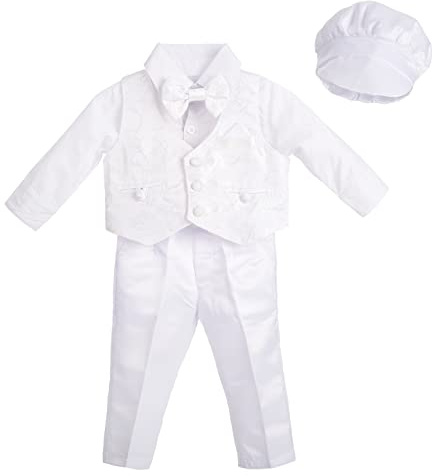 Dressy Daisy Baby Boys White Suit Christening Clothing with Bonnet Baptism Outfits Long Sleeve Floral Size 6-9 Months