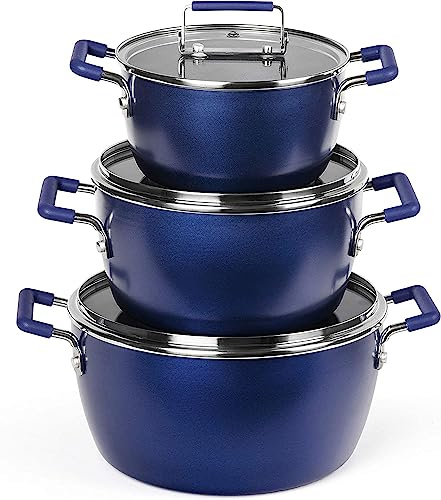 Granitestone Set di 6 vasi antiaderenti in pietra di granito, superficie ultra resistente con triplo rivestimento minerale e diamante, pentole salvaspazio, lavabili in lavastoviglie, blu, alluminio