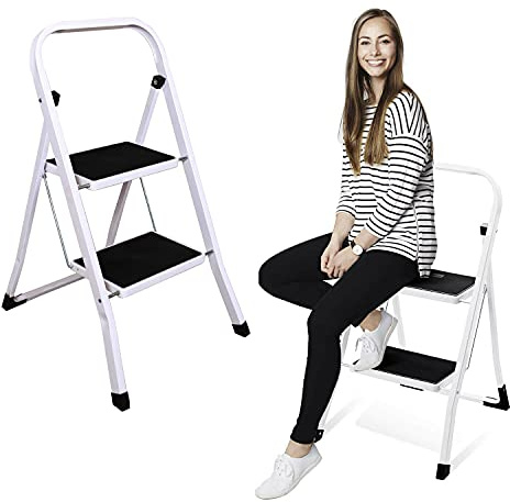 Marchepied pliant avec 2 marches, Escabeau pliant en acier avec tapis en caoutchouc antidérapant, Facile à ranger, Charge maximale : 150kg, Escabeau pliable idéal pour la maison, la cuisine, le garage