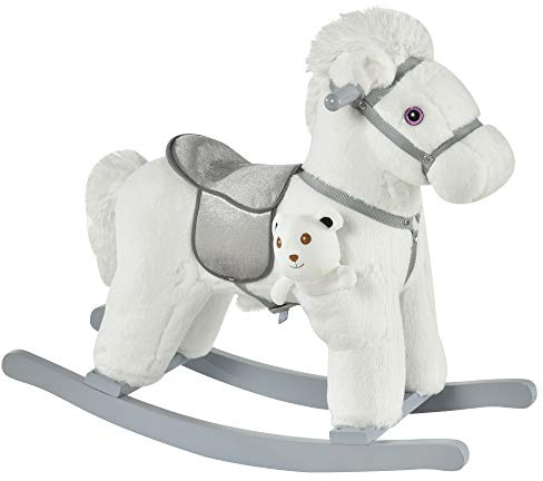 HOMCOM Kids Plush Ride-On Rocking Horse Toy Rocker with Plush Toy Realistic Sounds for Child 18-36 Months White