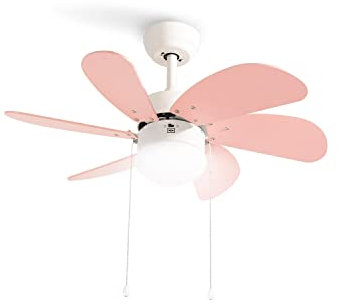 CREATE / WINDEASY AC/Ventilador techo con luz blanco aspas rosas y madera natural/Aspas reversibles motor AC, silencioso, función verano-invierno, pequeño, 3 velocidades, 53W, Ø86 cm