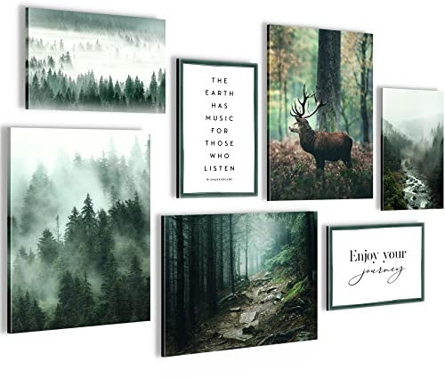 Novart Wandbilder Wald Hirsch - KOMPLETT AUFHÄNGFERTIG - Natur Grün Wohnzimmer Schlafzimmer - 7 Moderne Mood-Bilder - N004671a