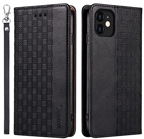 LOLFZ Case for iPhone 11, Leather Flip Wallet Case Card Slots Kickstand Wrist Strap Protective Magnetic Phone Case Cover for Apple iPhone 11 - Black