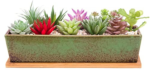 ARTKETTY Vaso per fioriere succulente grande da 12 pollici con vassoio di drenaggio, vasi in ceramica rettangolari lunghi per piante di cactus da interni, finestra per bonsai poco profonda
