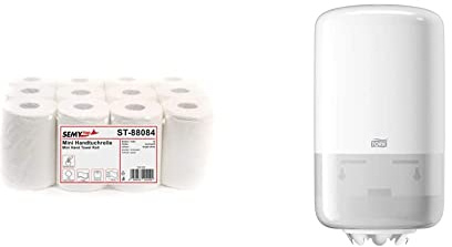 Semy Top Handtuchrolle Mini, Innenabwicklung 20 cm, 2 lagig, hochweiß, 1er Pack (1 x 12 Stück) & Tork 558000 Mini Innenabrollungsspender für M1 Papierwischtücher im Elevation Design, Weiß