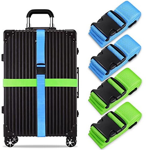 Koffergurt Set, gepäckband, kofferbänder, koffergurte Personalisierte Identifikation Verstellbare Rutschfestes Reisezube (Blau Grün, 4 Stück Set)