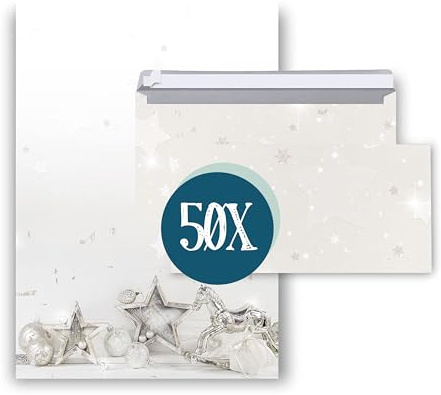 Weihnachtliches Briefpapier mit Umschlägen, 50 Blatt: Papier zum Schreiben, Einladung Weihnachten, Bastelpapier Set, Motivpapier mit Kuvert, Weihnachtspapier Firma, Kunden Bedruckbar, Silber, DIN A4