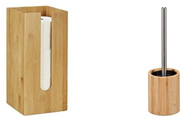 Relaxdays Toilettenpapierhalter stehend, für 3 Rollen & Silikon Toilettenbürste, antibakteriell, Klobürste mit Wechselbürstenkopf, Bambus Bürstenhalter, Natur/Silber, 1 Stück