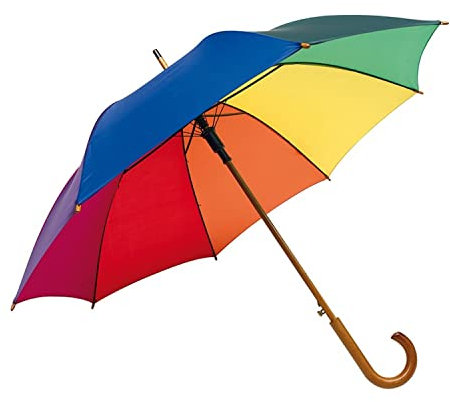 Preiswert&Gut Regenschirm Automatik Stockschirm Bunt Ø103cm – Regenbogen Schirm mit Holztips, Rundhakengriff und Metallspeichen – Robuste Stockregenschirm Polyester-Bespannung Regenschirme