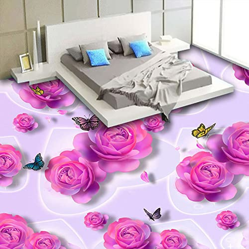 GIOBEL Papel pintado mural romántico rosa rosa mariposa decoración del hogar 3d baldosa del suelo pegatina dormitorio baño PVC autoadhesivo pintura