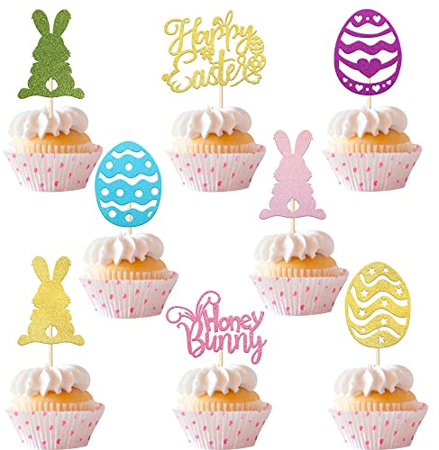 Xsstarmi 32 Pack Happy Easter Cupcake Toppers Glitter Bunny Easter Eggs Cupcake Picks for Bunny Happy Easter Theme Baby Shower Kids Birthday Party Cake Decorations Supplies, UKXM338