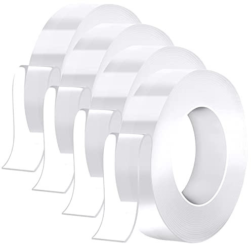 KEYRI 4 Rotoli Nastro Biadesivo Extra Forte Nano Nastro Biadesivo Rimovibile Multifunzione Trasparente Biadesivo Non Lascia Tracce Nastro Adesivo di Montaggio Per Foto Poster Tappeti Muro Casa (12m)