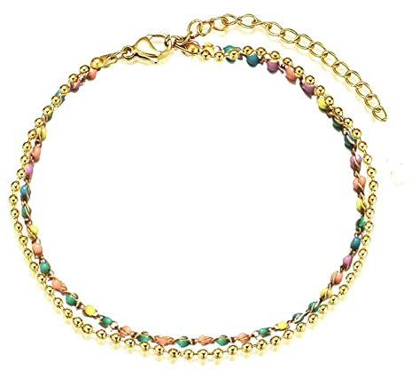 Daesar Fußkettchen Edelstahl Damen, Fußkette 30CM Verlängerung 2-Layer Bead-Kette Dünn Fußkettchen Gold in Bijouterie