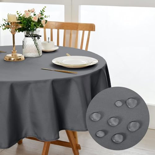 DWCN Hellgrau Tischdecke Rund 140cm Fleckschutz Abwaschbar Wasserdicht | Gartentischdecke Outdoor Wetterfest Tischwäsche Kratzfest Tischtuch für Esszimmer,Garten,Party,Hochzeiten oder Haushal